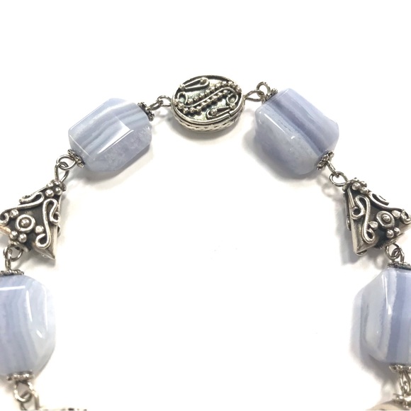 Artisan Made Pale Blue Lace Agate Silver Bali Beads Bracelet Toggle Clasp 8.25” - Picture 3 of 11